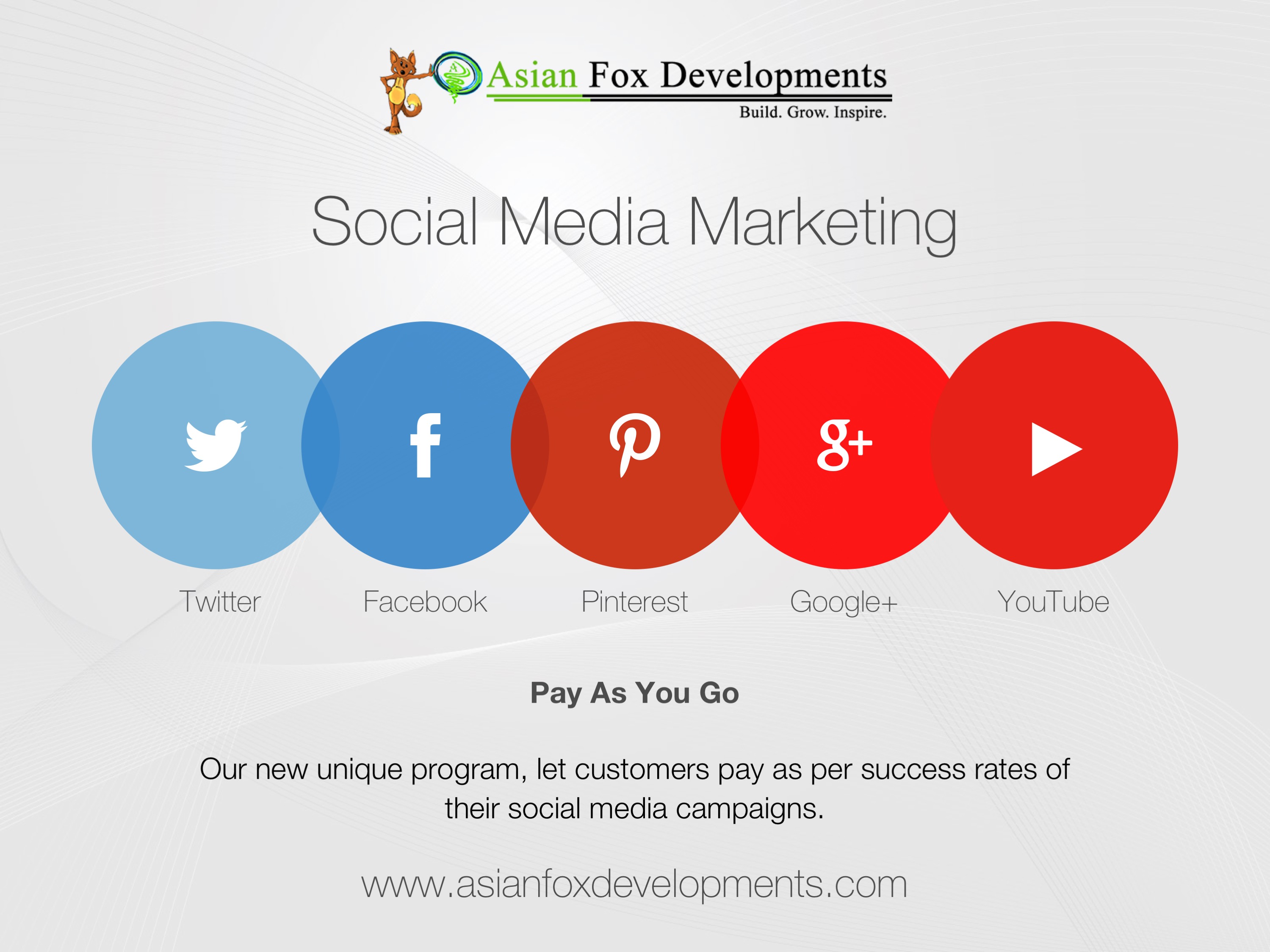 Social Media Marketing (SMM) Pay As You Go - Our new unique program let customers pay as per success rates of their social media campaigns Only at www.asianfoxdevelopments.com