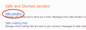 Hotmail safe senders option screenshot