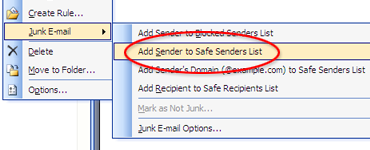Outlook safelist menu option