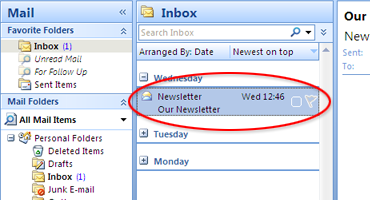 Outlook email in inbox