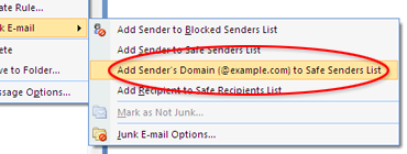 Outlook safelist menu option